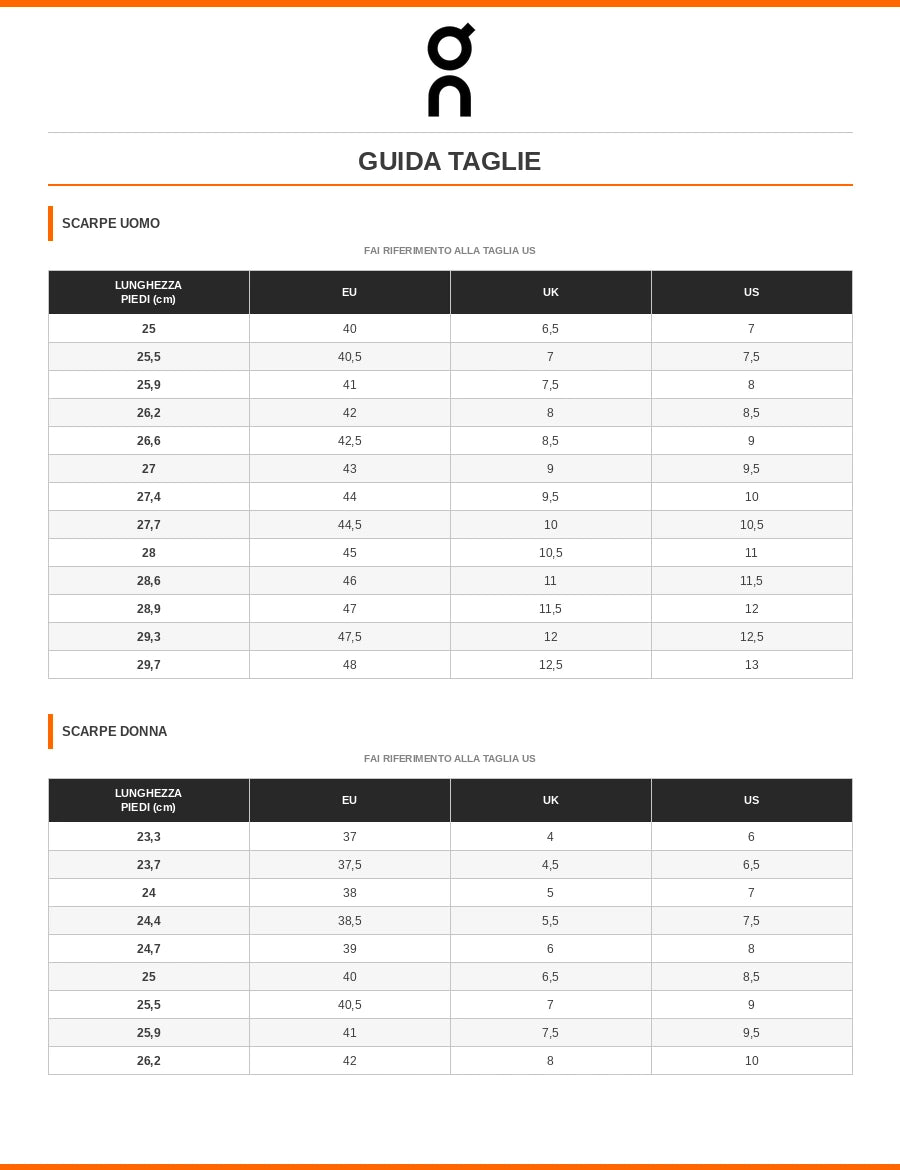 Guida alle taglie ON