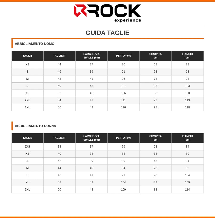 Guida alle taglie ROCK EXPERIENCE