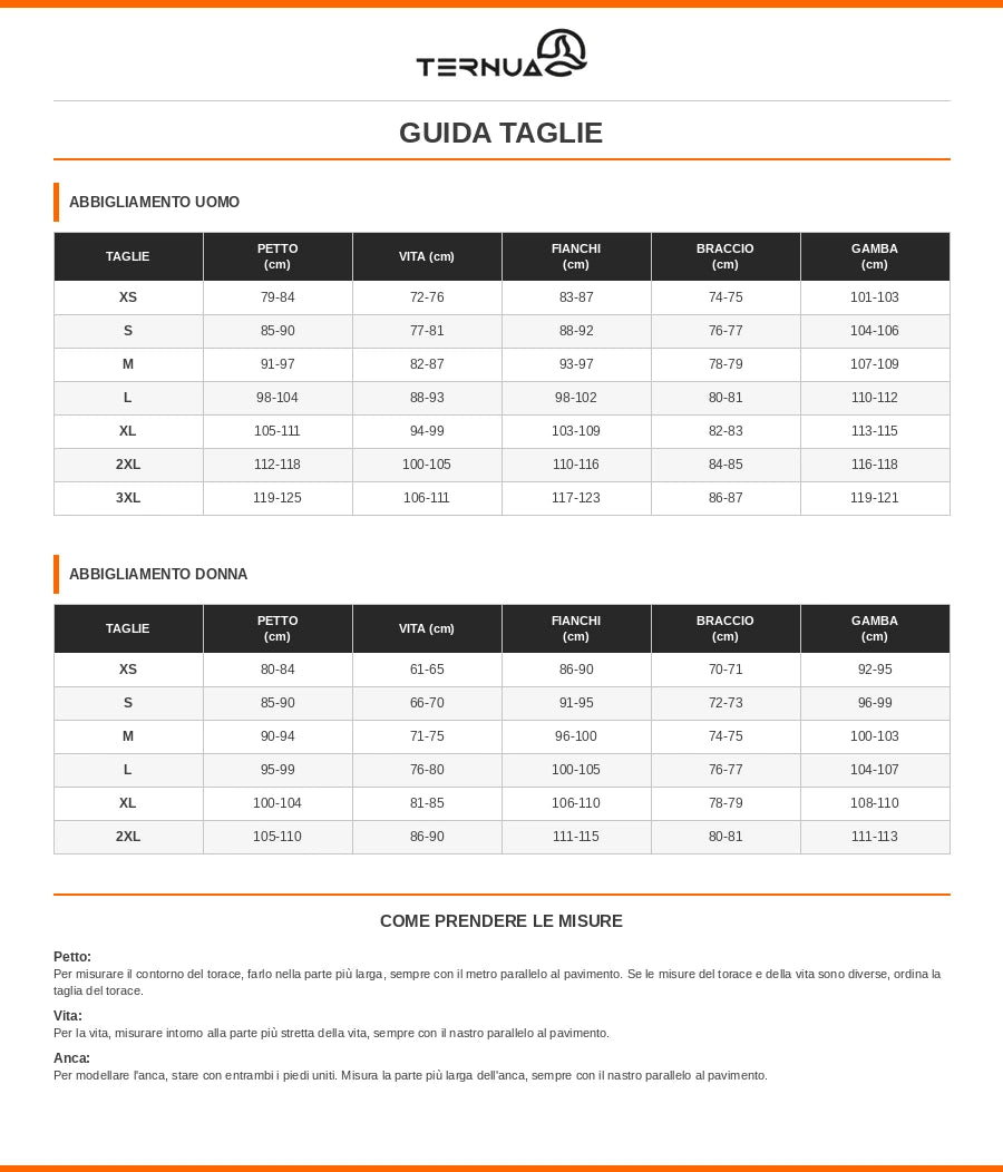 Guida alle taglie TERNUA